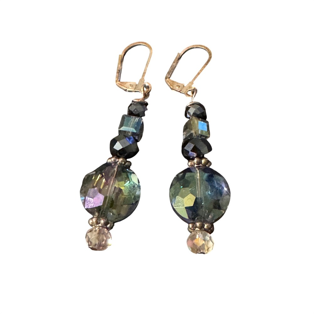 Iridescent Blue Green Crystal Beaded Drop Earrings Silver Tone Leverback‎ AB